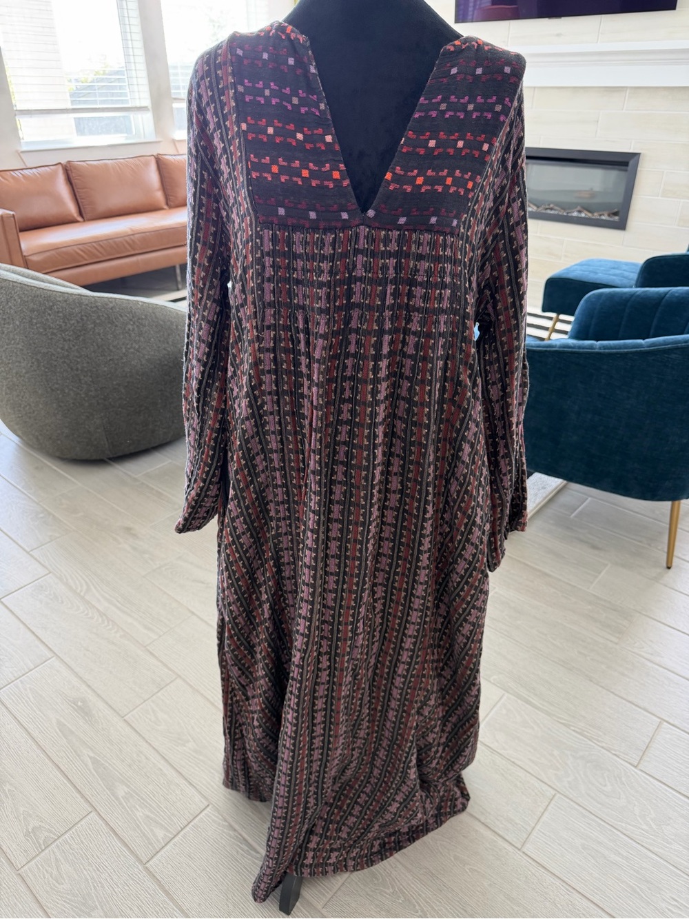 ACE & JIG 100% Cotton V Neck Long Sleeve Maxi Boho Pockets Dress Size Large VGUC